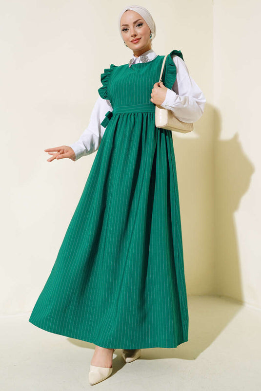 Robe Gilet Rayée À Volants Et Épaules Vert