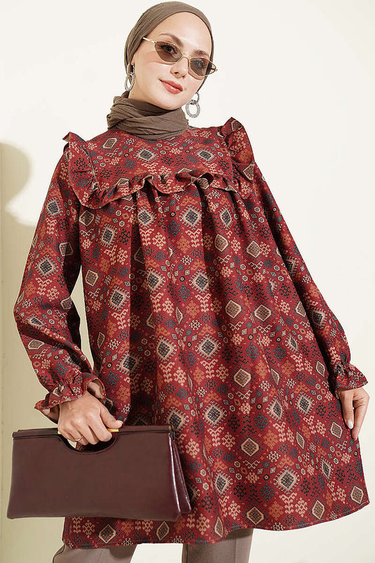 Burgunder Rüschen Muster Tunika Mit Schulterdetails
