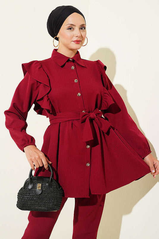 Burgundy Ruffled Shoulder Buttoned Two-Piece Set