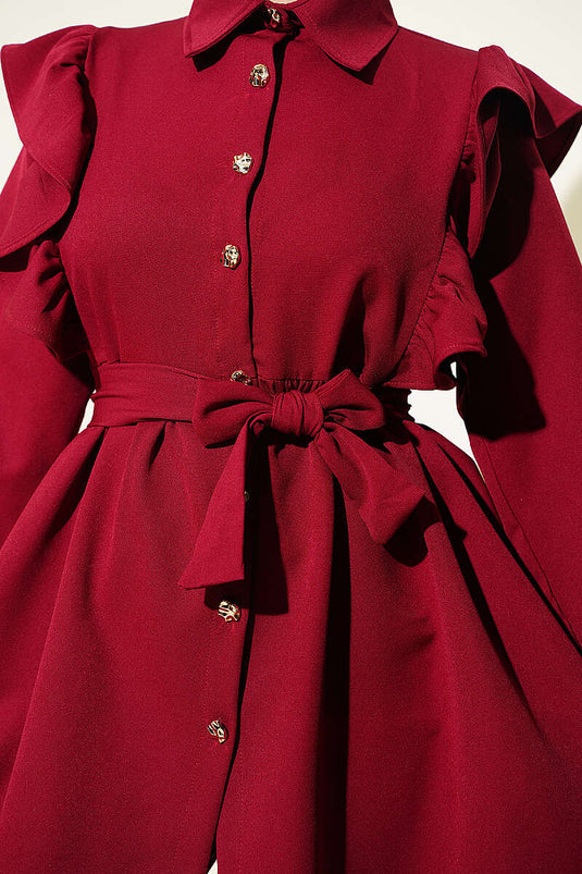 Burgundy Ruffled Shoulder Buttoned Two-Piece Set