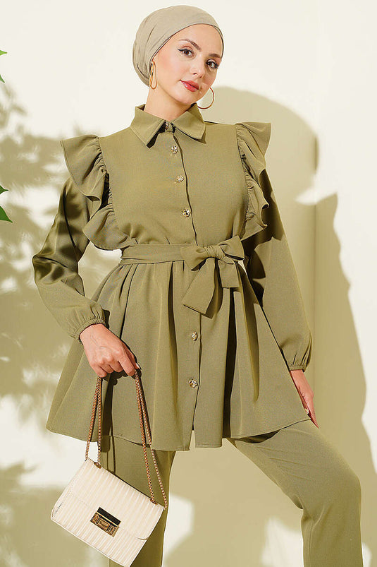 Shoulder Ruffled Buttoned Two-Piece Set In Mint Green