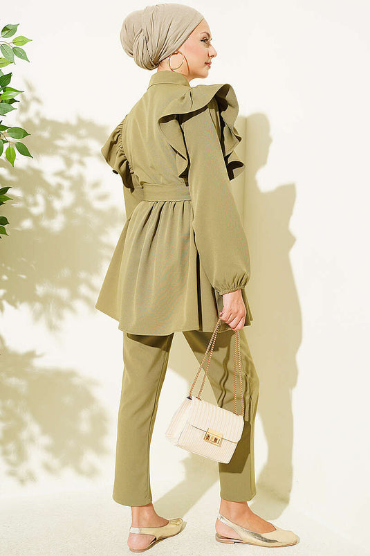 Shoulder Ruffled Buttoned Two-Piece Set In Mint Green