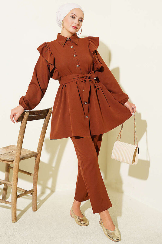 Brown Two-Piece Set With Ruffled Shoulder Details And Button Closure