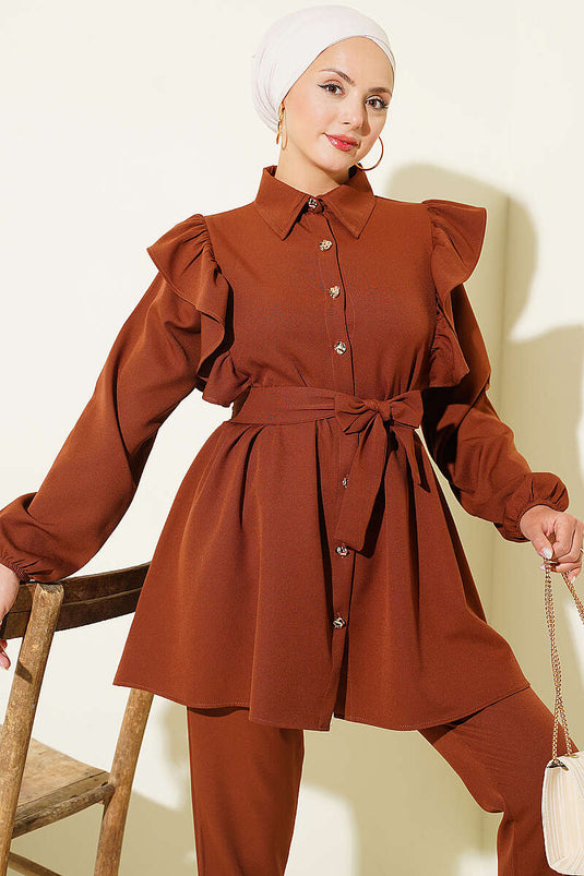 Brown Two-Piece Set With Ruffled Shoulder Details And Button Closure