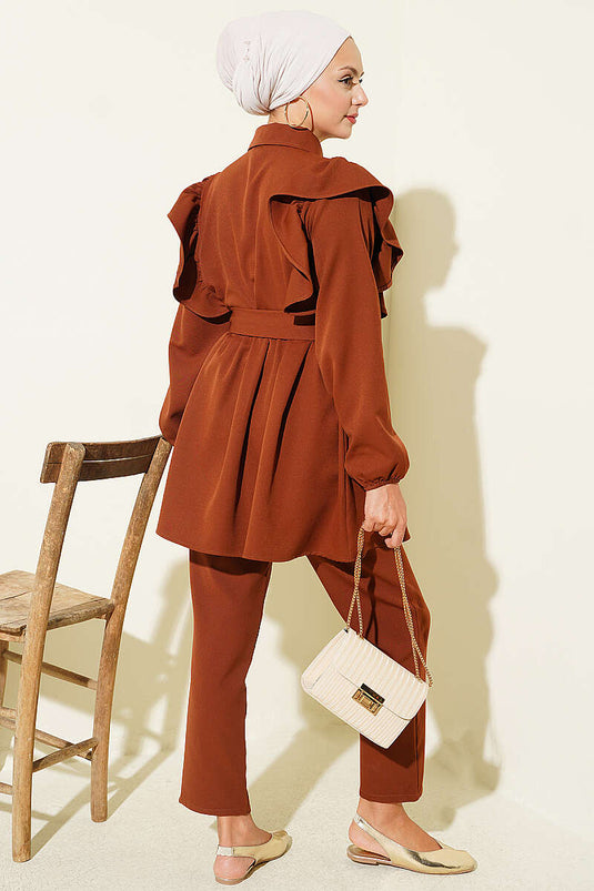 Brown Two-Piece Set With Ruffled Shoulder Details And Button Closure