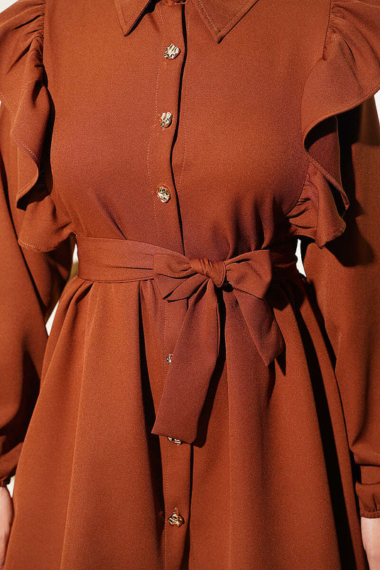Brown Two-Piece Set With Ruffled Shoulder Details And Button Closure