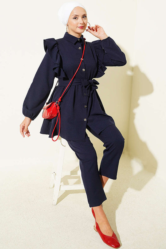 Navy Blue Ruffled Shoulder Buttoned Two-Piece Set