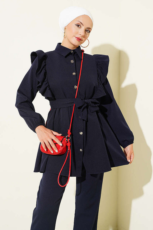 Navy Blue Ruffled Shoulder Buttoned Two-Piece Set