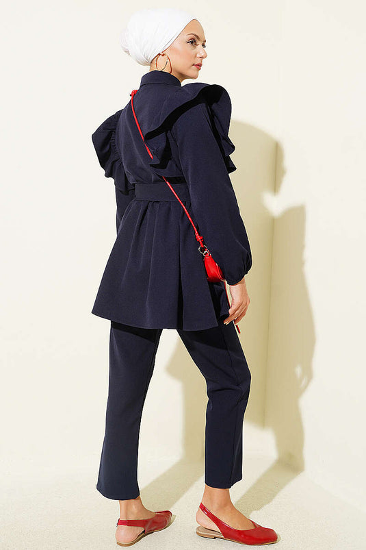 Navy Blue Ruffled Shoulder Buttoned Two-Piece Set