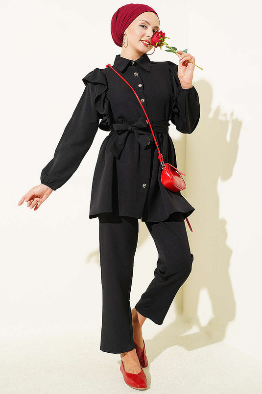 Black Two-Piece Set With Ruffled Shoulder And Button Details
