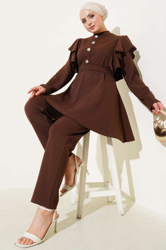 Two-Piece Set with Shoulder Ruffles and Button Details, Brown