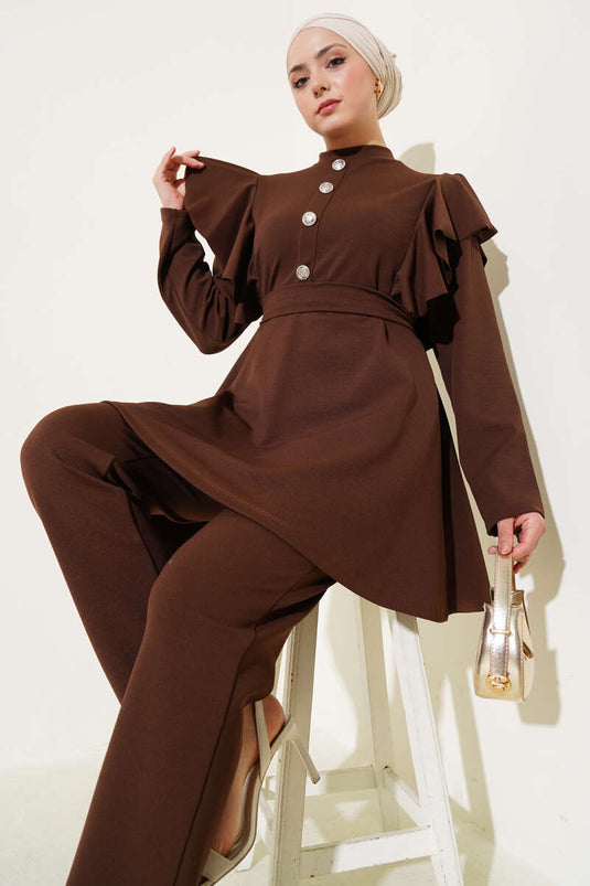 Two-Piece Set with Shoulder Ruffles and Button Details, Brown