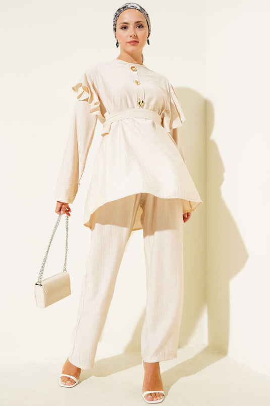 Shoulder Ruffle Gold Buttoned Two Piece Suit Beige