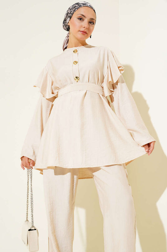 Shoulder Ruffle Gold Buttoned Two Piece Suit Beige