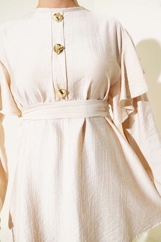 Shoulder Ruffle Gold Buttoned Two Piece Suit Beige