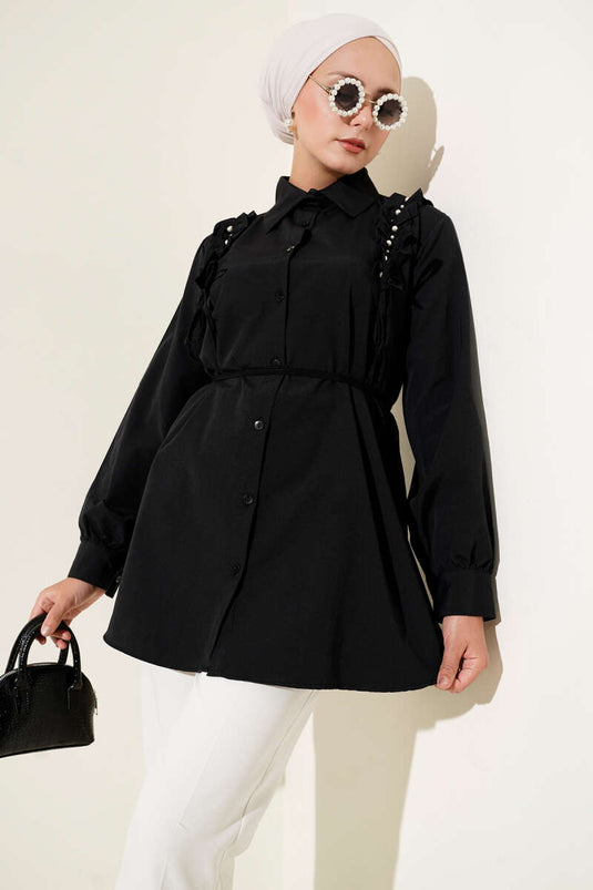 Perlmuttfarbenes Hemd mit Rüschen an den Schultern, Schwarz