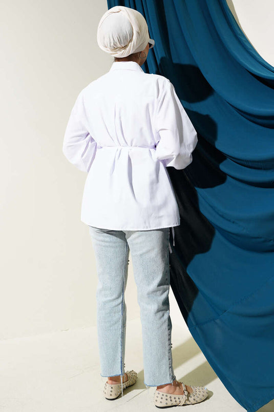 Omuz Fırfırlı Kalp Düğmeli Gömlek Beyaz