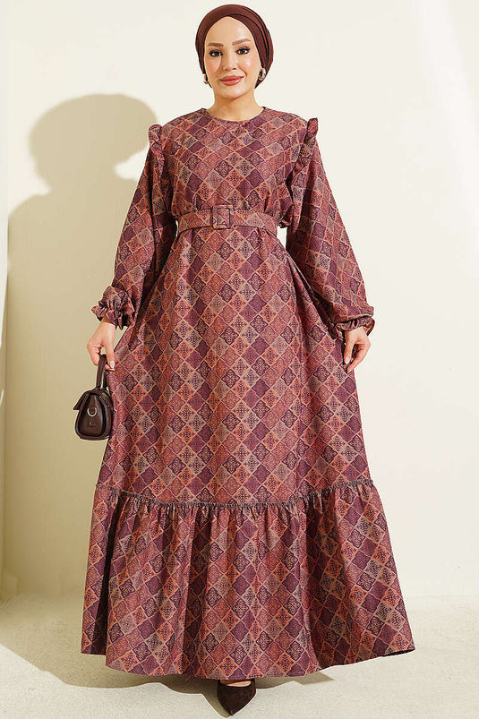 Purple Shoulder Ruffled Square Pattern Dress