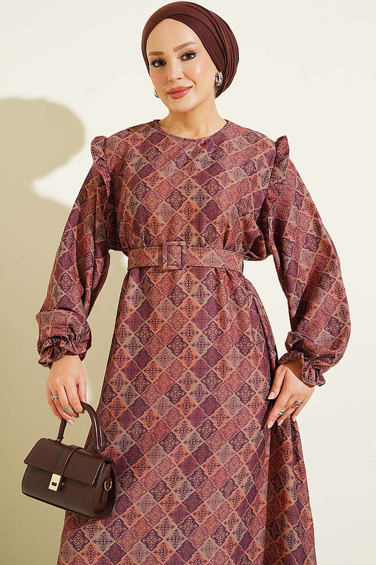 Purple Shoulder Ruffled Square Pattern Dress