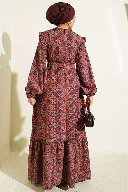 Purple Shoulder Ruffled Square Pattern Dress