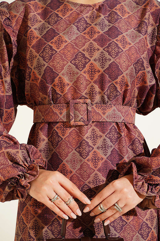 Purple Shoulder Ruffled Square Pattern Dress