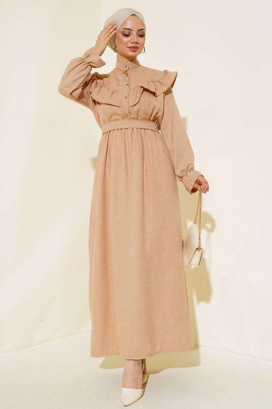 Schulterrüschen-Leinenkleid Latte