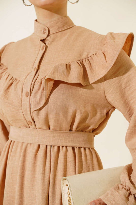 Schulterrüschen-Leinenkleid Latte