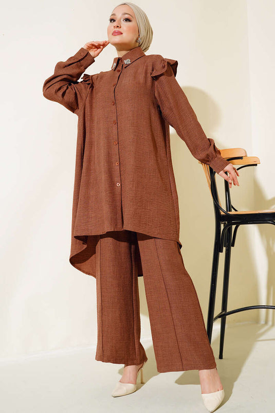 Ensemble double en lin à volants et épaules marron