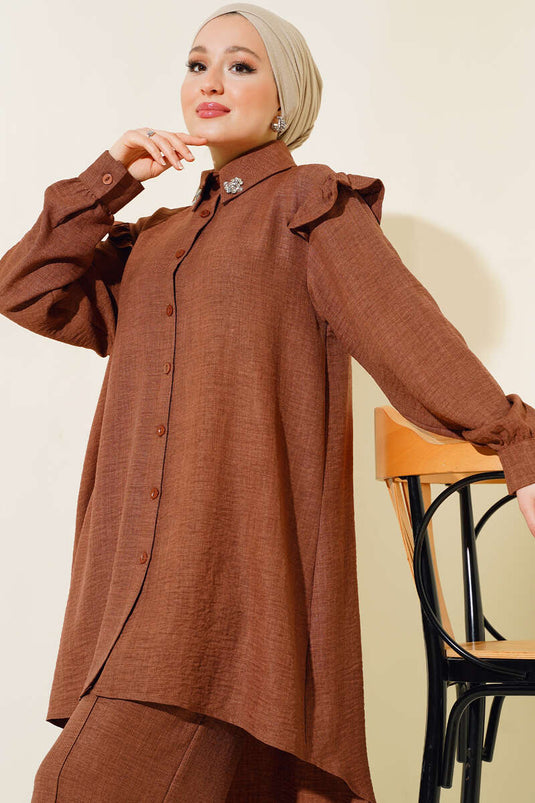 Ensemble double en lin à volants et épaules marron