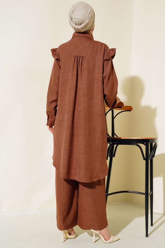 Shoulder Ruffled Linen Two-Piece Set Coffee