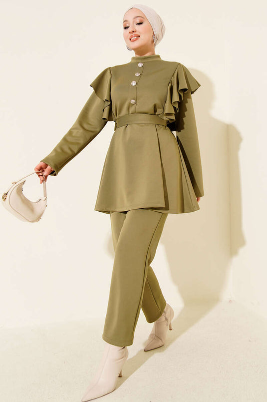 Omuz Fırfırlı Kuşaklı Scuba İkili Takım Çağla Yeşili