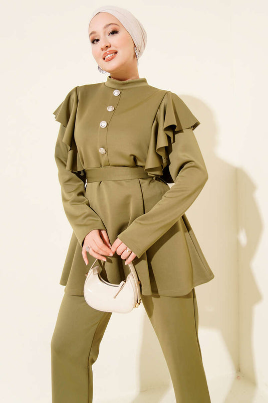 Zweiteiliges Scuba-Set mit Schulterrüschen und Gürtel, Hellgrün