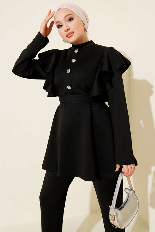 Zweiteiliges Scuba-Set mit Schulterrüschen und Gürtel, Schwarz