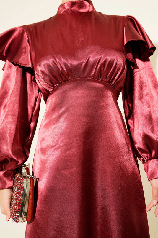 Burgundy Satin Evening Dress with Ruffled Shoulders