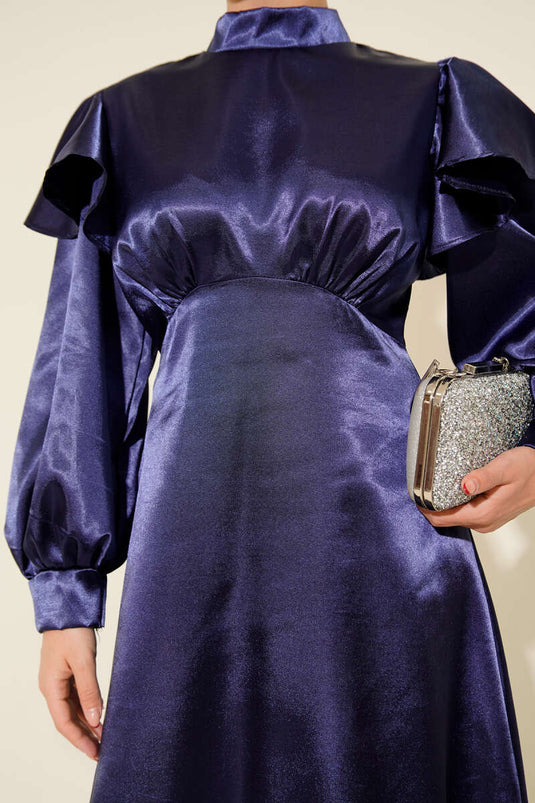 Shoulder Ruffled Satin Party Dress Navy