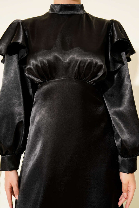 Satin Evening Gown with Shoulder Ruffles - Black