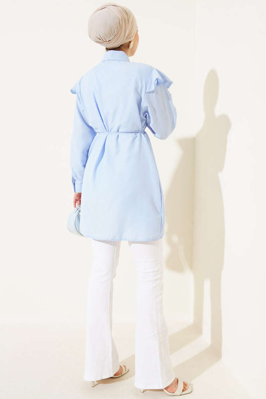 Omuz Fırfırlı Şeritli Kuşaklı Gömlek Buz Mavisi