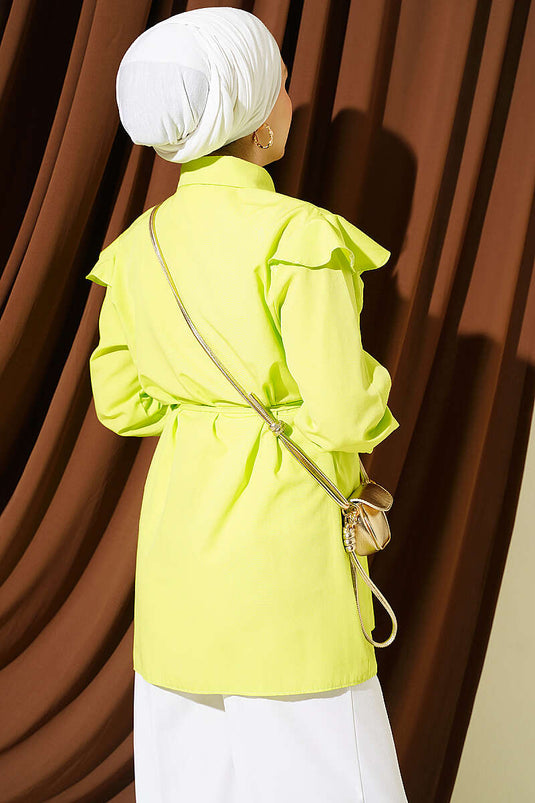 Shoulder Ruffled Shirt With Striped Belt In Pistachio Green