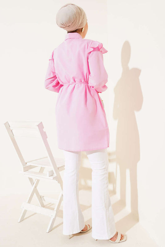 Omuz Fırfırlı Şeritli Kuşaklı Gömlek Pembe