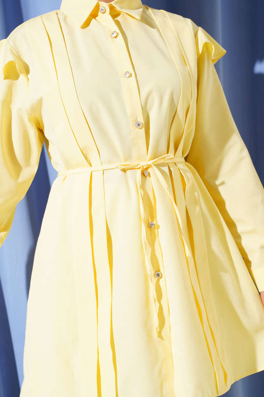 Chemise Jaune À Manches Volantées Avec Ceinture Et Bandes, Mode Modeste