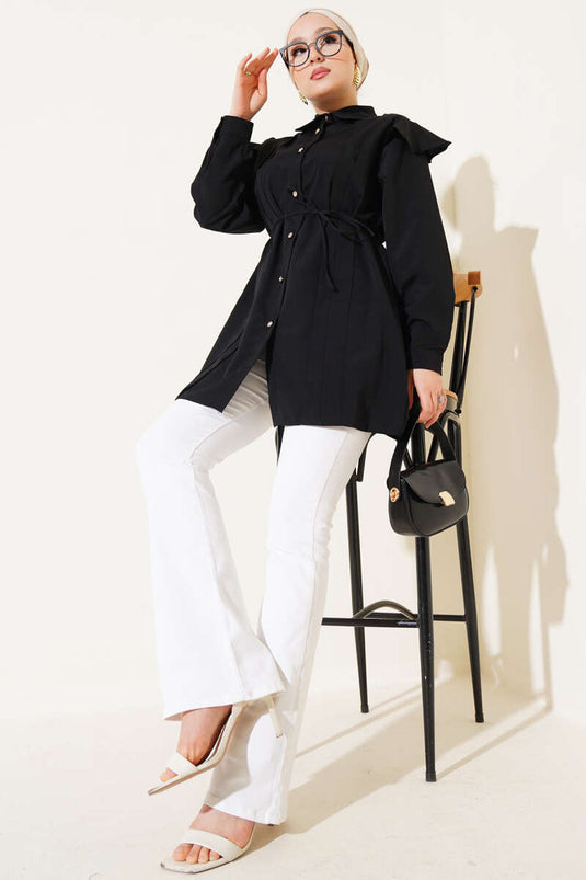 Omuz Fırfırlı Şeritli Kuşaklı Gömlek Siyah