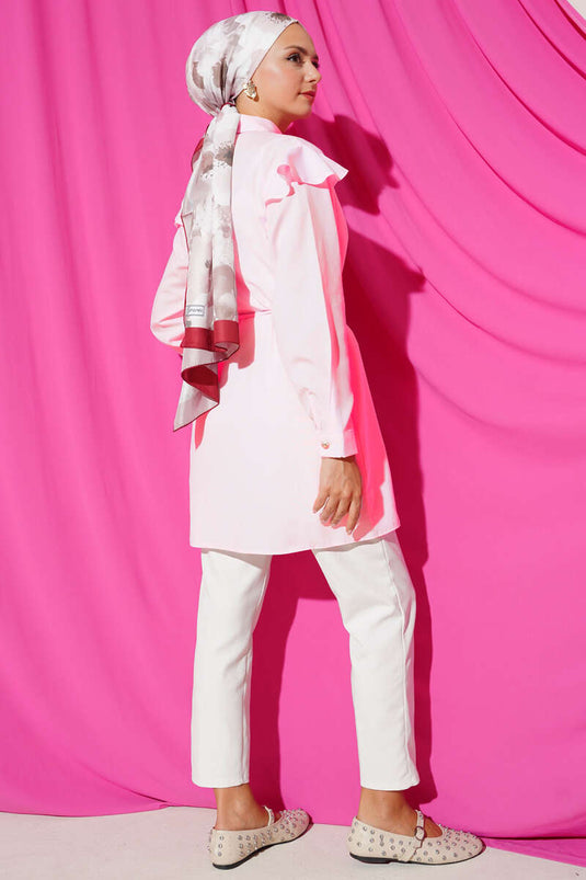 Chemise rayée à volants et ceinture, rose poudré