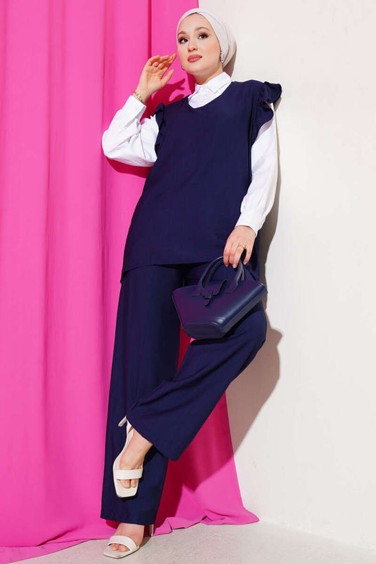 بدلة من ثلاث قطع مع سترة بكشكشة على الكتف، أزرق داكن