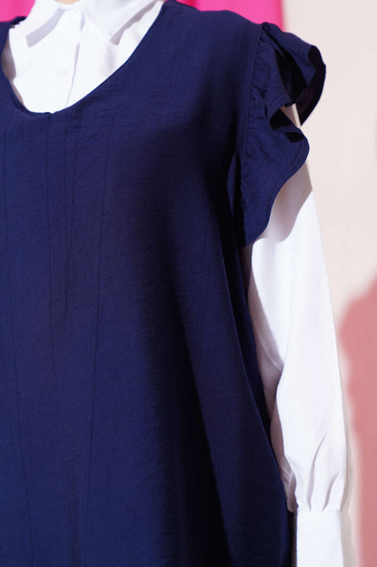 بدلة من ثلاث قطع مع سترة بكشكشة على الكتف، أزرق داكن