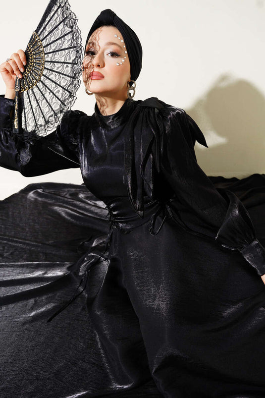 Omuz Fiyonklu Parlak Abiye Elbise Siyah