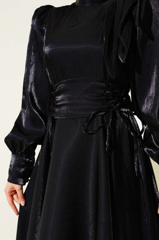 Omuz Fiyonklu Parlak Abiye Elbise Siyah