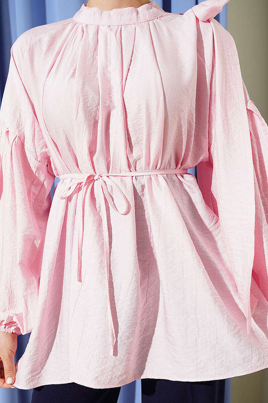 Omuz Fiyonklu Salaş Tunik Pembe