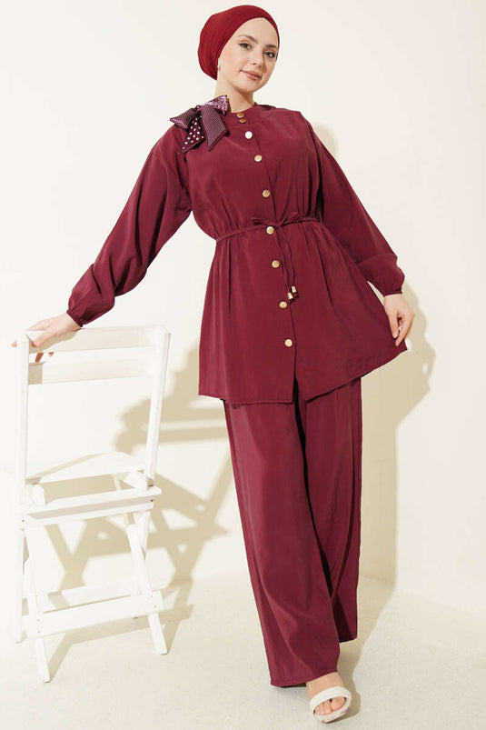 Omuz Sjaal Taille Elastische Modal Tweedelige Set Bordeaux