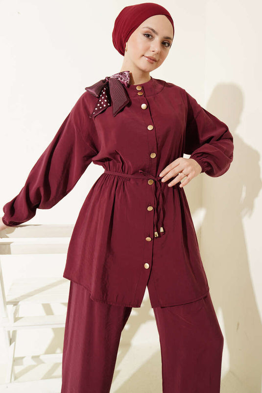 Omuz Sjaal Taille Elastische Modal Tweedelige Set Bordeaux
