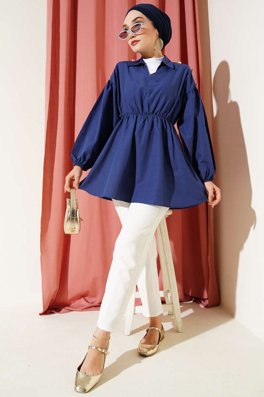 Omuz Gold Düğme Detaylı Tunik Lacivert